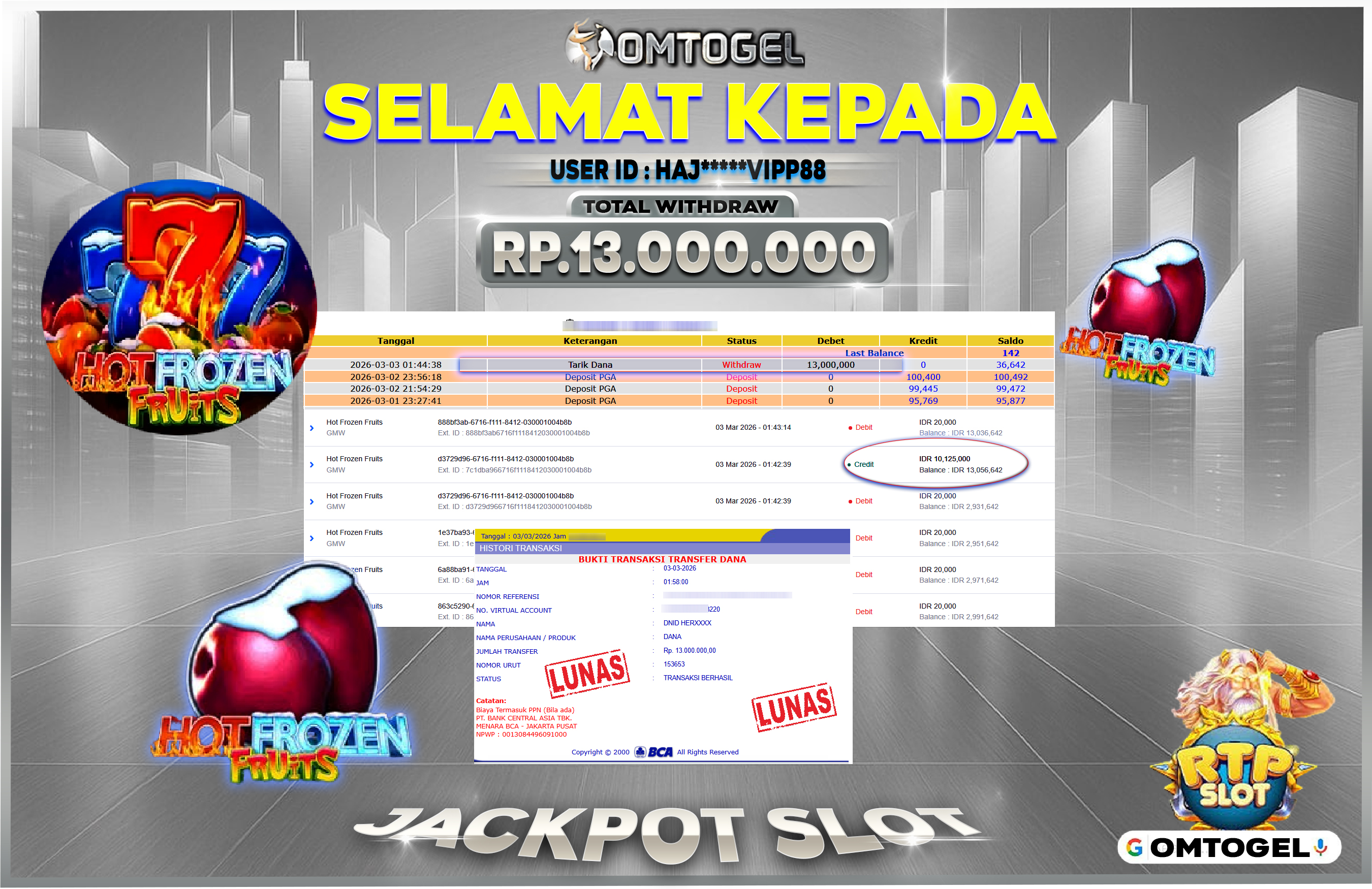 OMTOGEL JACKPOT GMW HOT FROZEN FRUITS, 13 JUTA DI BAYAR LUNAS ,-