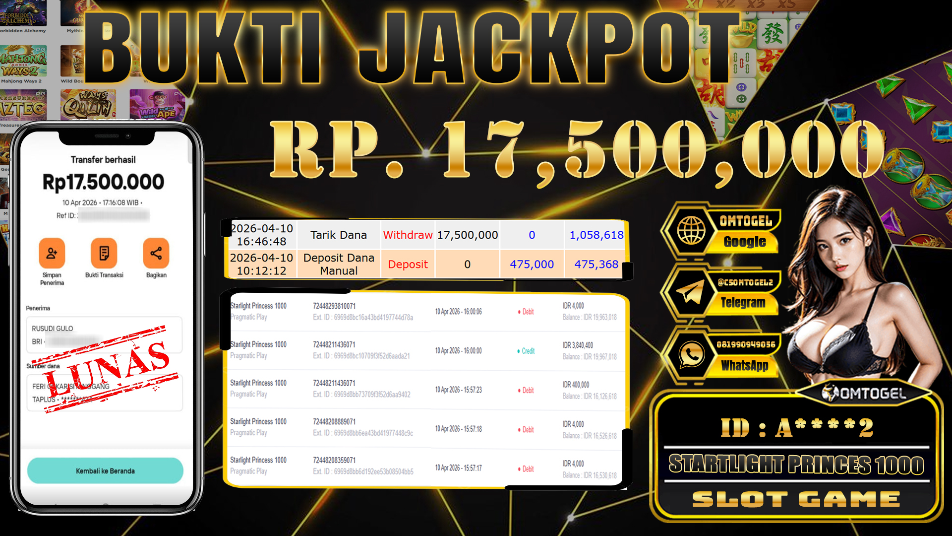 OMTOGEL JACKPOT PRAGMATIC PLAY STARLIGTH PRINCESS 1000 , 17 JUTA DI BAYAR LUNAS ,-