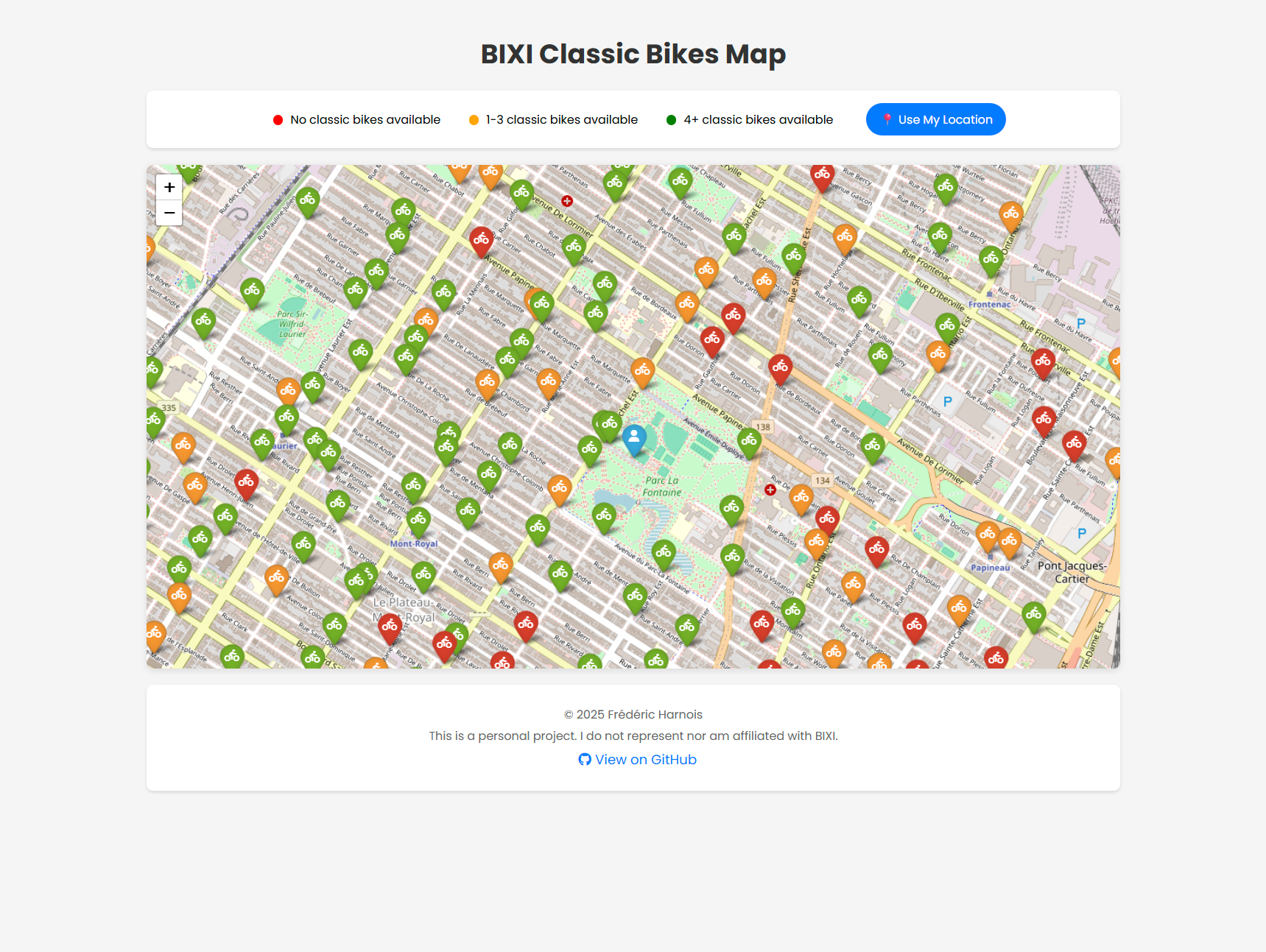 Map of Montreal BIXI stations showing classic bike availability with color-coded icons (red, orange, green) and a legend at the top.