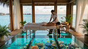 Jantar privativo no sandbank do Four Seasons Maldivas ao pôr do sol com champagne