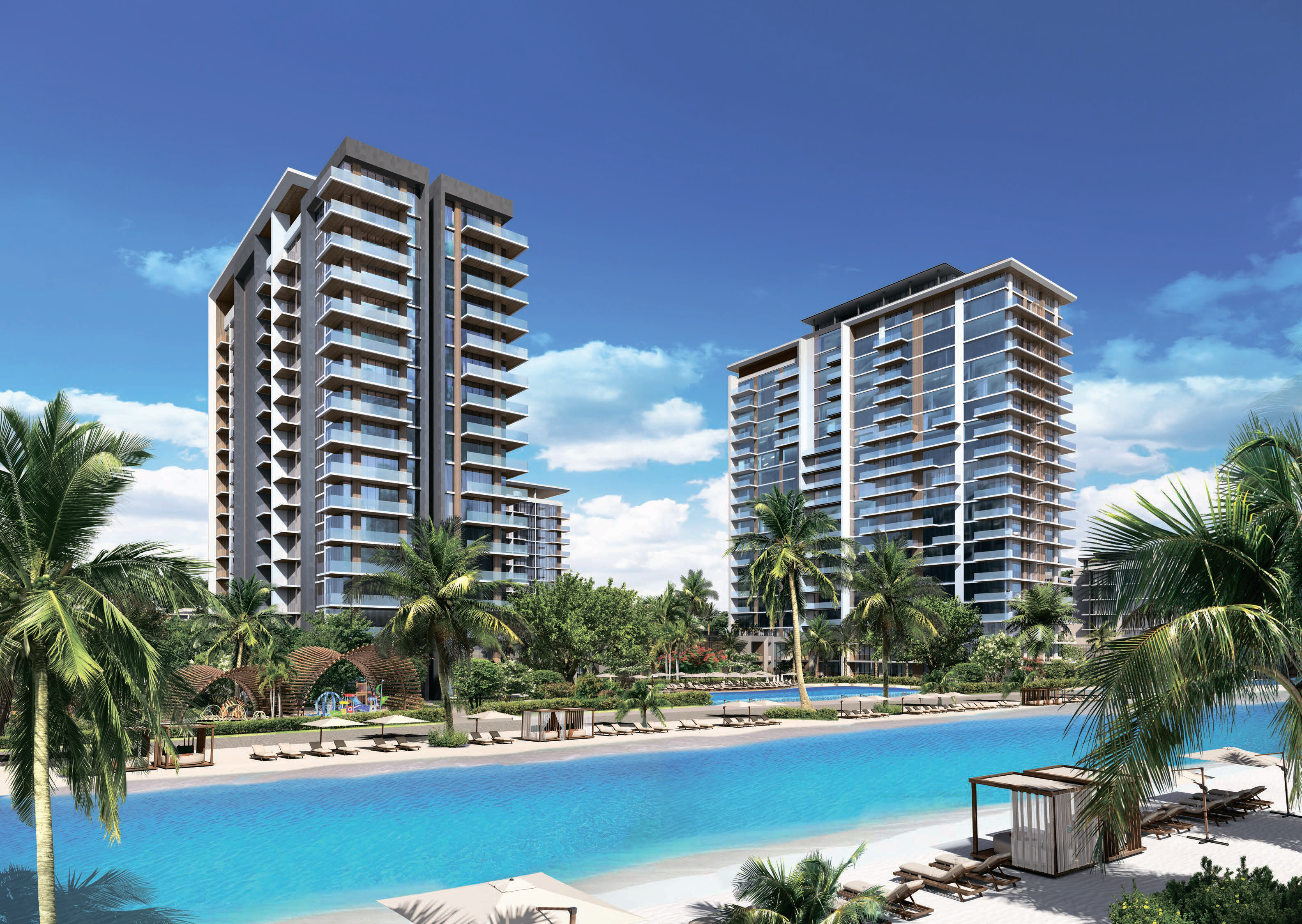 Exterior architectural rendering of NAYA 1 in MBR City by Nakheel showing the modern waterfront residential towers overlooking the lagoon and landscaped community areas, highlighting a luxury Dubai apartment opportunity presented as a Distress Deal in NAYA 1