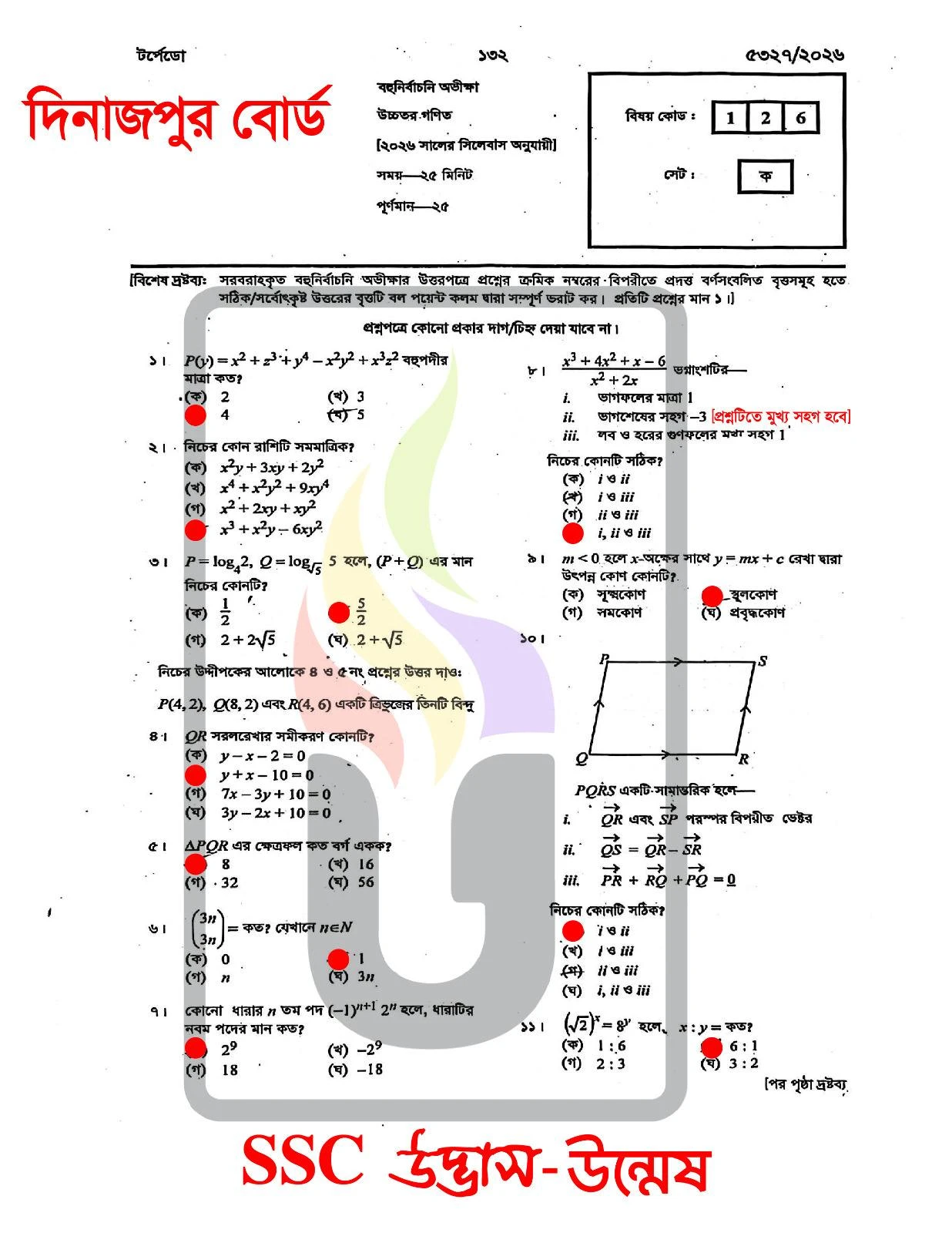 Higher Math MCQ Question solution Dinajpur Board SSC 2026