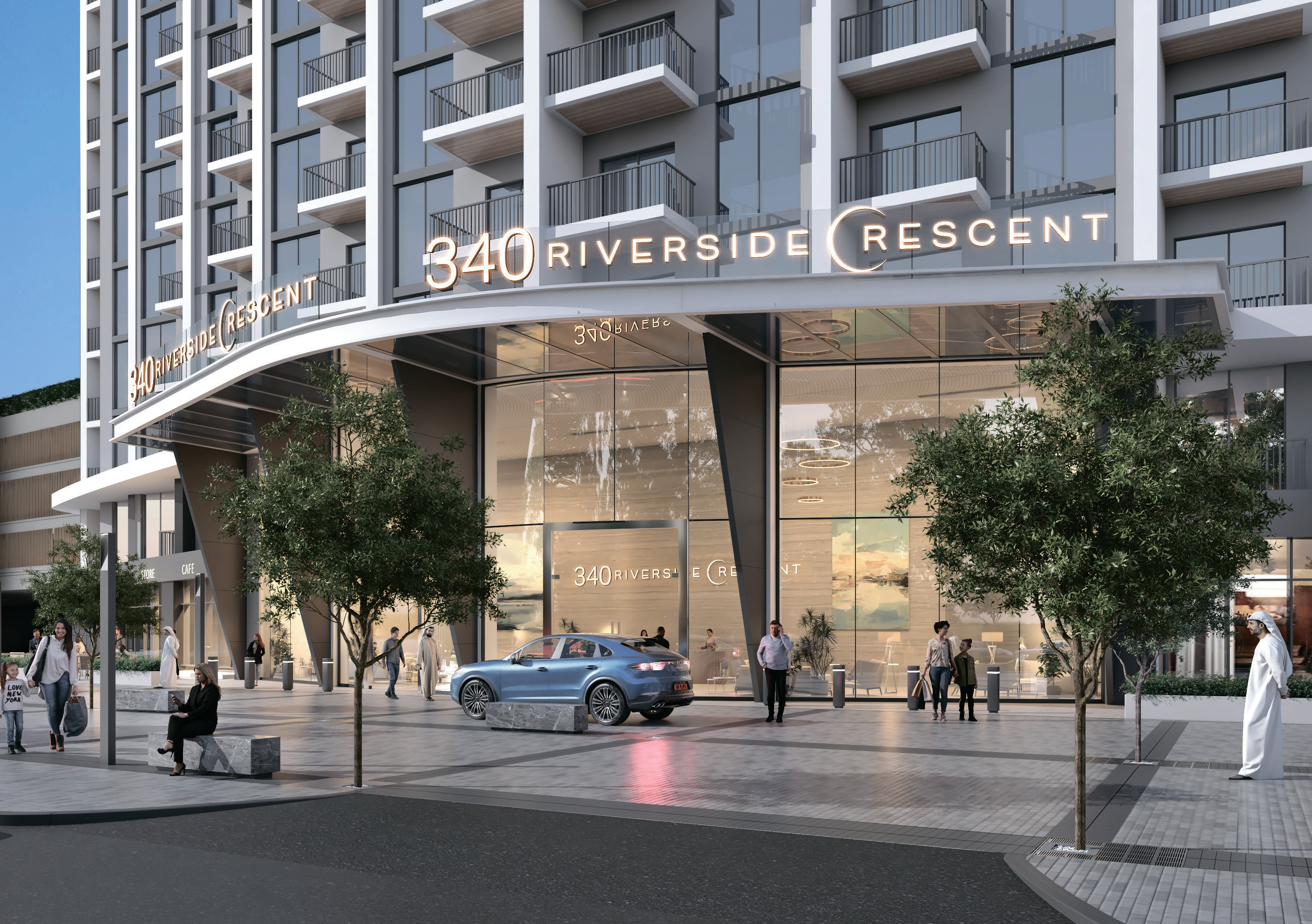 Exterior architectural view of 340 Riverside Crescent in Sobha Hartland II featuring the modern waterfront tower overlooking lagoon views in Dubai, highlighted as a prime 2.5-bedroom Distress Deal investment opportunity in a luxury Sobha development