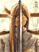 digital art of a humanized Financier Cookie from Cookie Run: Kingdom holding her sword aligned with the center of the piece with her eyes closed. There are two windows in the background creating lighting from behind.