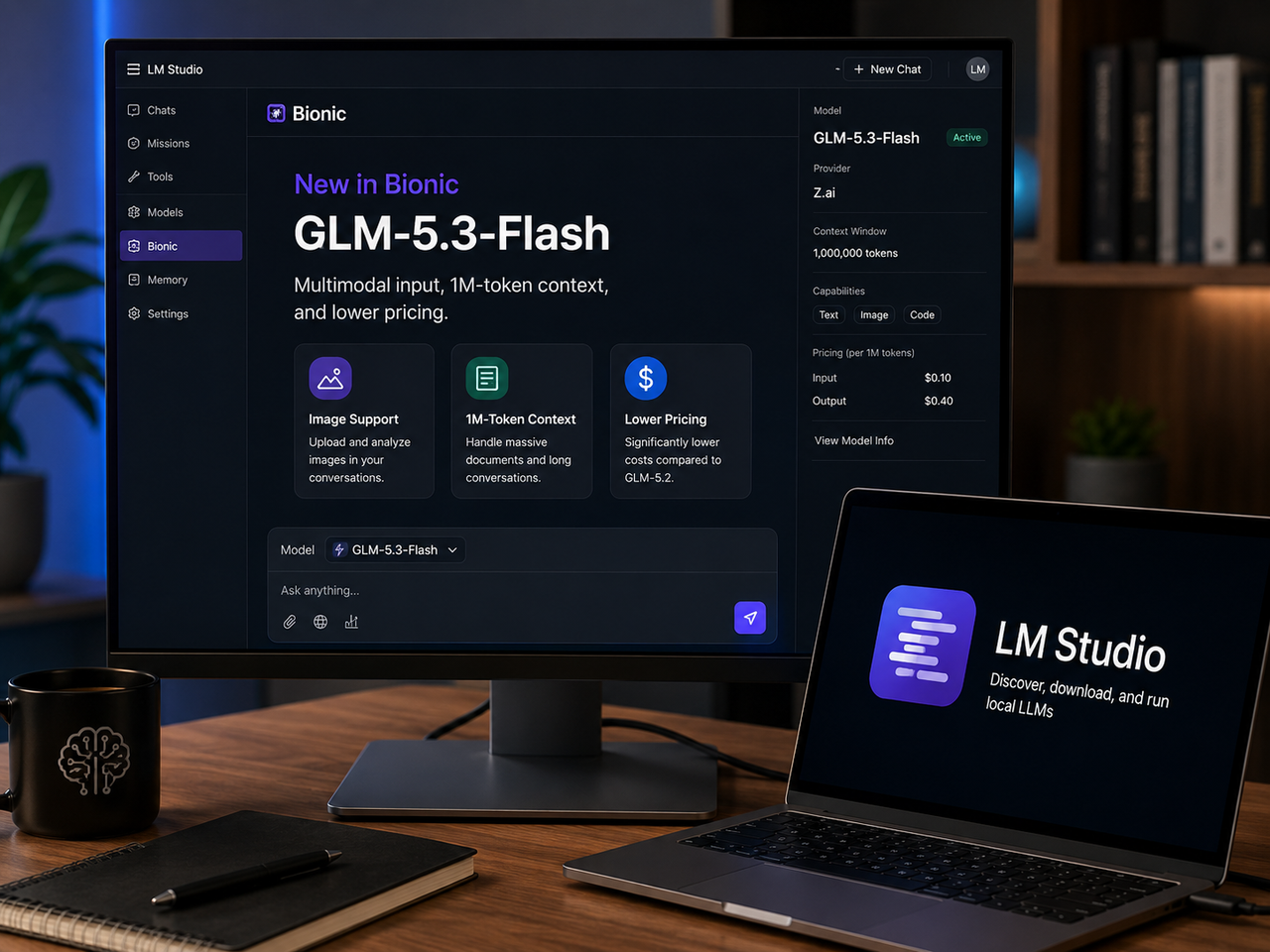 GLM-5.3-Flash chega ao LM Studio Bionic com visão, contexto de 1 milhão e custo muito menor