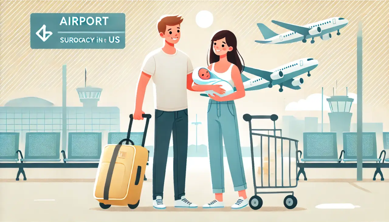 Illustration of parents holding a newborn baby at the airport, preparing to travel home after surrogacy in the US.
