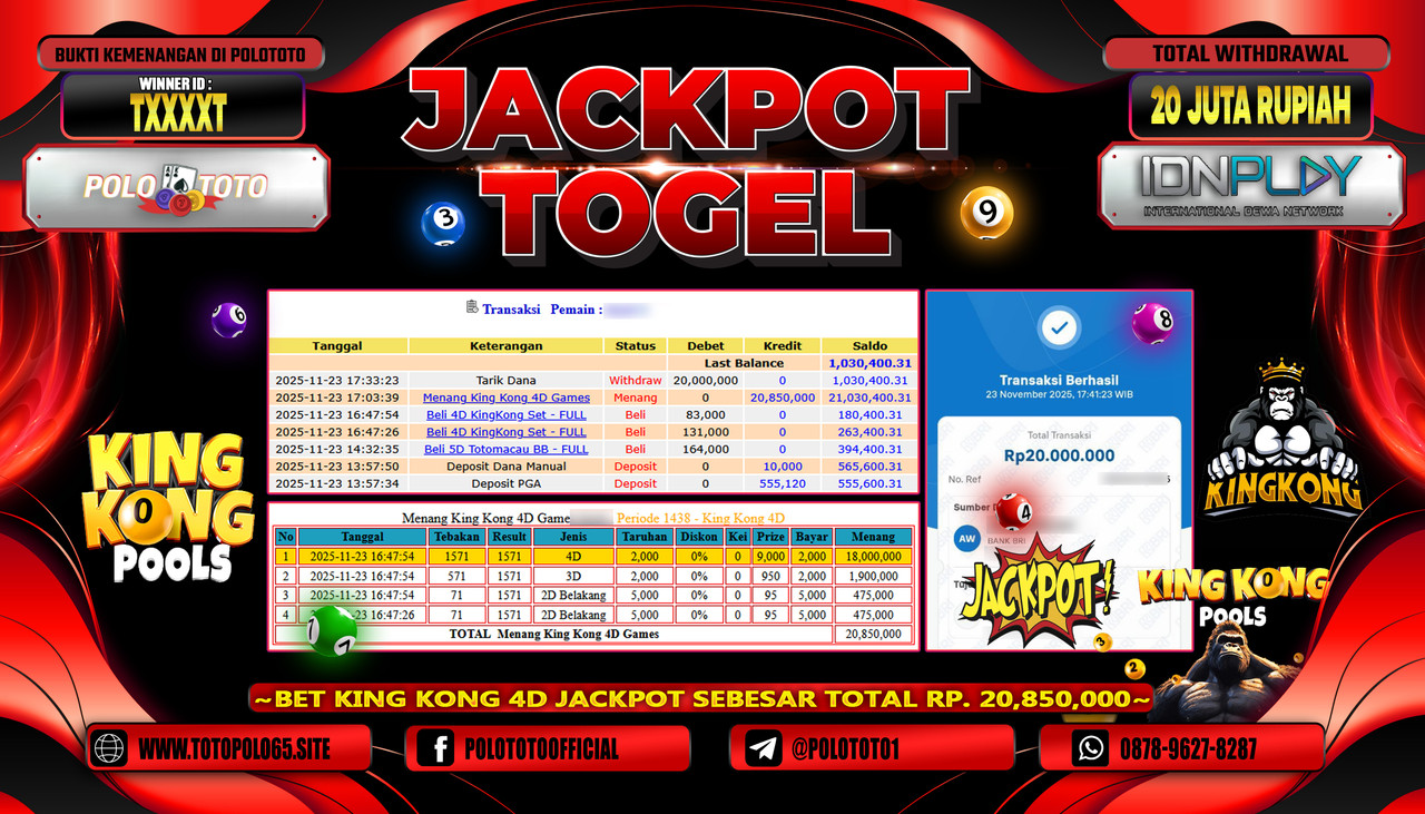 POLOTOTO JACKPOT TOGEL KING KONG 4D Rp.20.000.000,- LUNAS