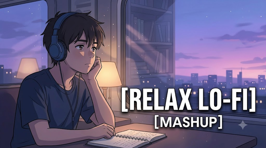 AI-generated example result for the youtube-thumbnail prompt: Relax Lo-Fi Mashup Thumbnail – Anime Twilight Skyline Design AI YouTube Thumbnail Prompt