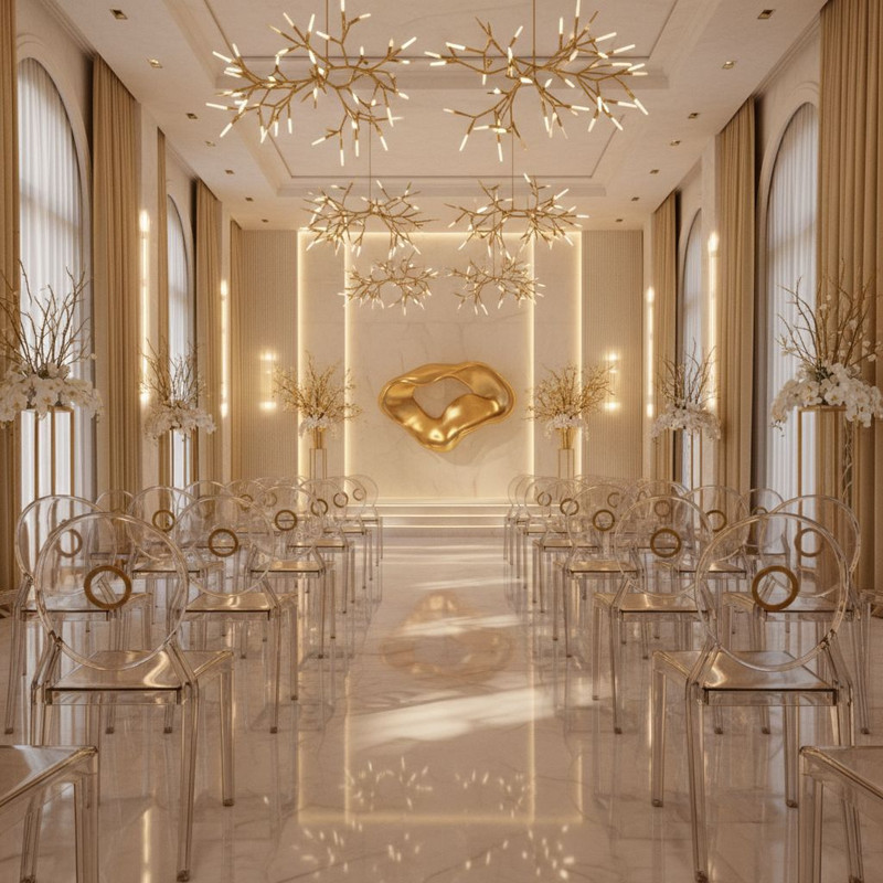 Современные дизайнерские решения и тренды в оформлении мероприятий: стильная аренда стульев из прозрачного акрила и золотого металла.