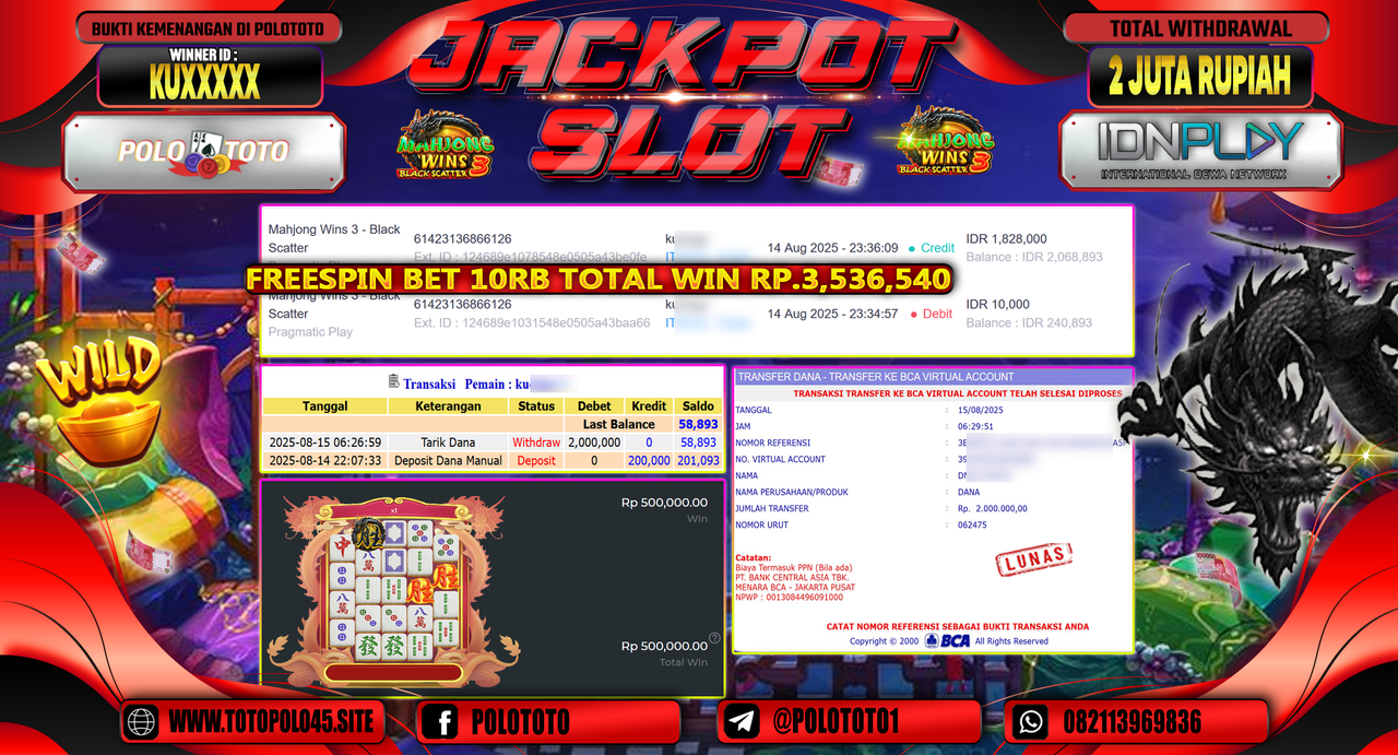 POLOTOTO JACKPOT SLOT MAHJONG WINS 3 - BLACK SCATTER Rp.2.000.000,-LUNAS