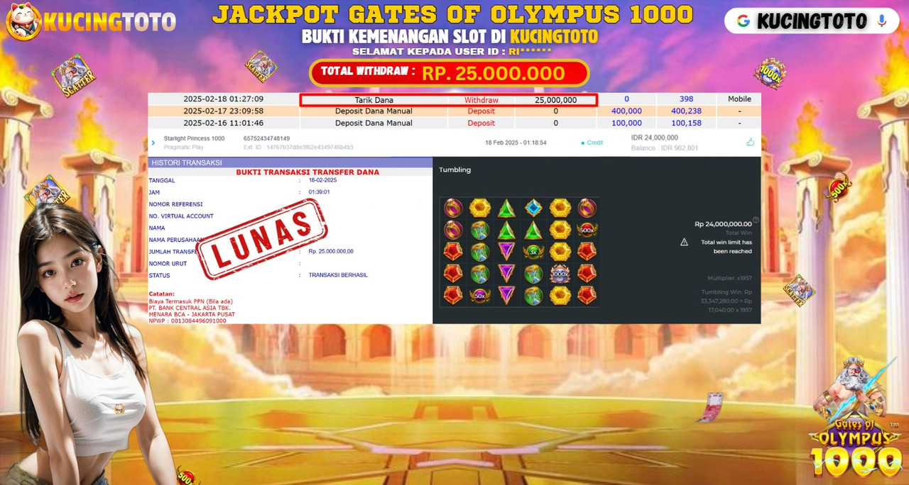 KUCINGTOTO JACKPOT SLOT GATES OF OLYMPUS 1000 RP.25.000.000.,- LUNAS