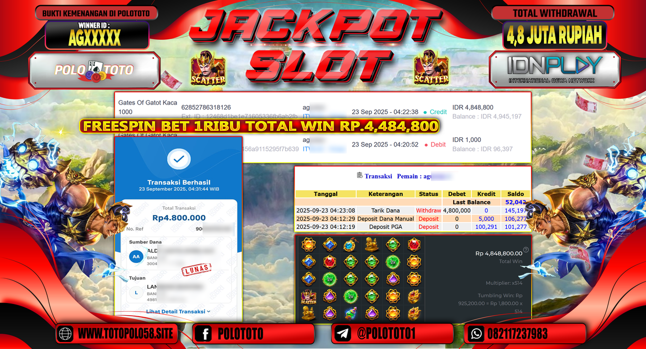 POLOTOTO JACKPOT SLOT GATES OF GATOT KACA 1000 Rp.4.800.000,-
