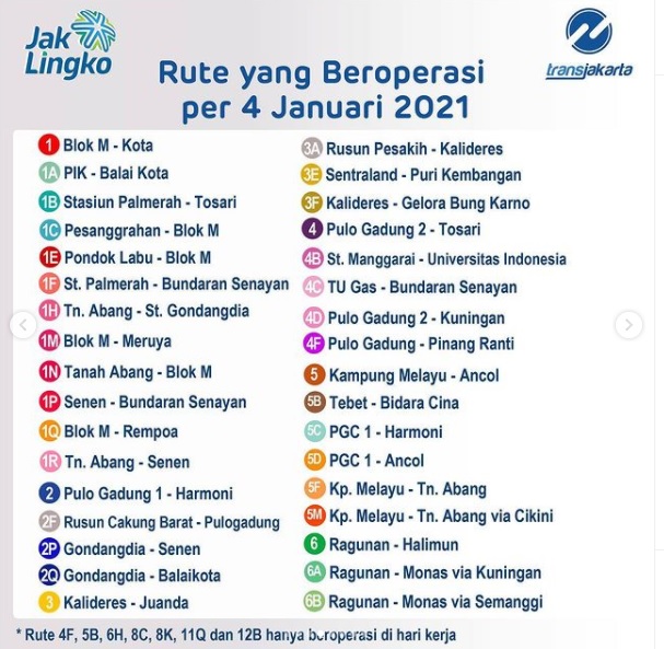 Daftar rute TransJakarta yang beroperasi mulai 4 Januari 2021.