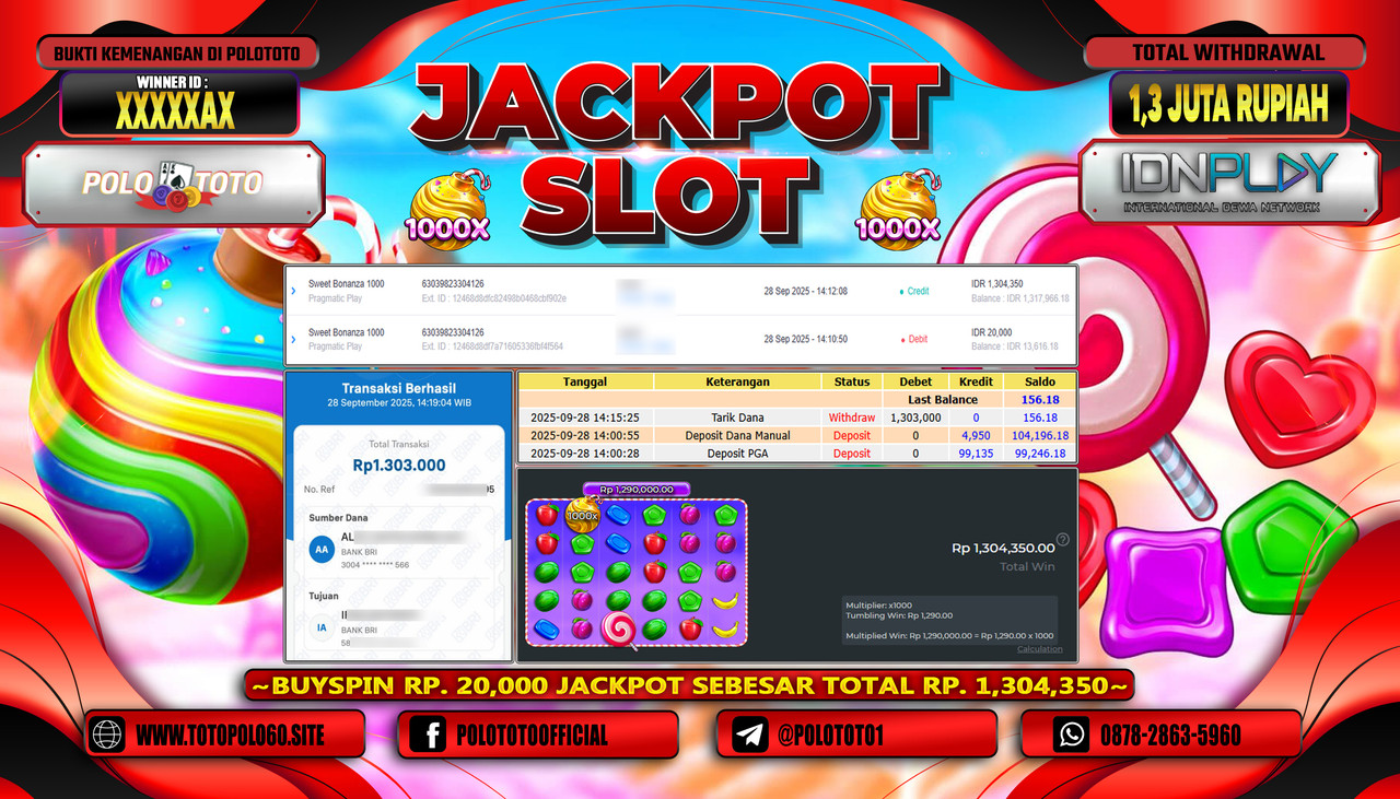 POLOTOTO JACKPOT SLOT SWEET BONANZA 1000 Rp.1.303.000,- LUNAS