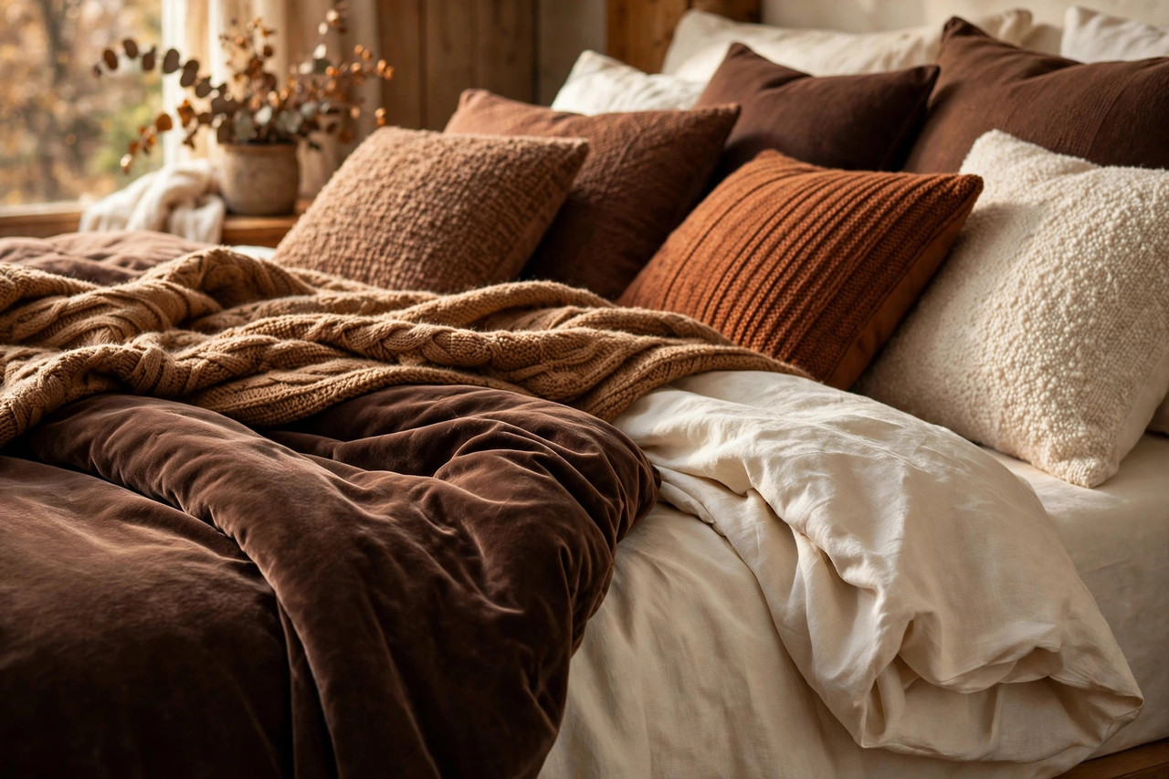 Layered chocolate, caramel and cream bedding textures in a cozy fall bedroom