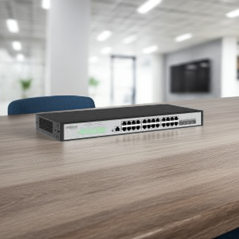 Switch Intelbras S3028G-B Lite com visão frontal das 24 portas Gigabit Ethernet e 4 portas SFP.
