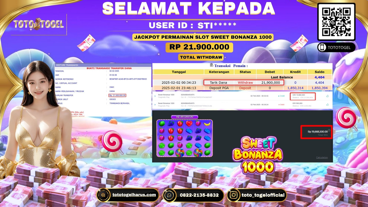 Bukti Pembayaran Jackpot  Permainan Slot Sweet Bonanza 1000  ID:STI***** LUNAS