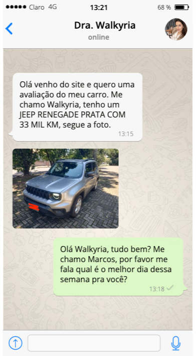 Conversa de WhatsApp com Walkyria sobre avaliação do carro