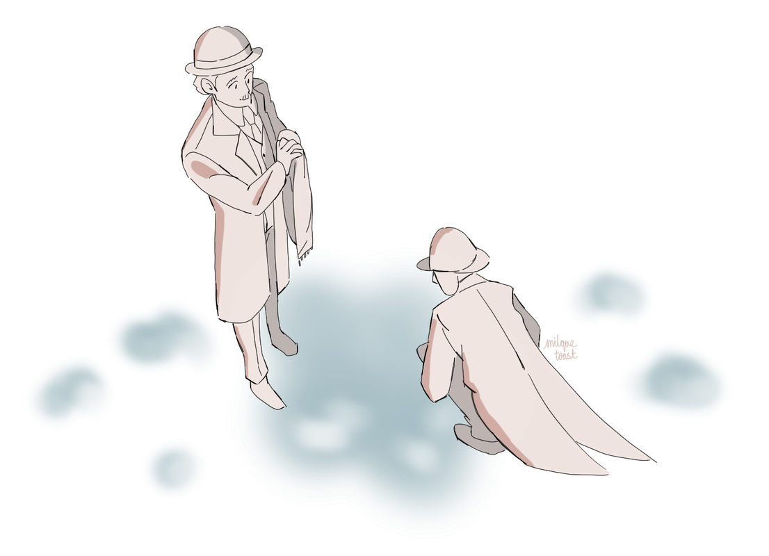 Holmes crouched and Watson standing in the snow