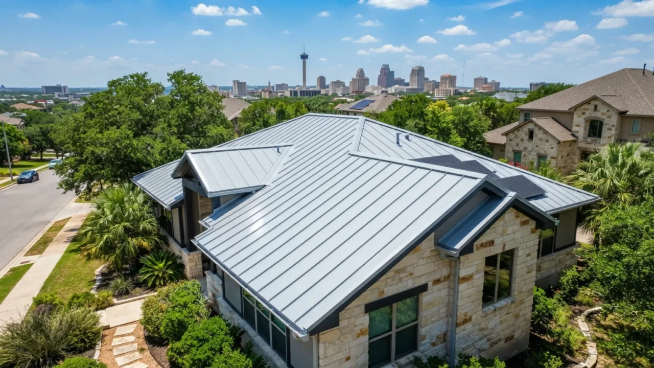 Freshly painted metal roof in San Antonio Texas with light gray reflective coating