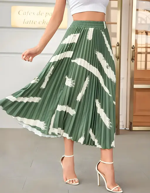 Skirt For Women | Brush Print Pleated Skirts, Vintage Elastic Waist Midi Skirts, Women's Clothing(Premium Quality) Color3 (R230)