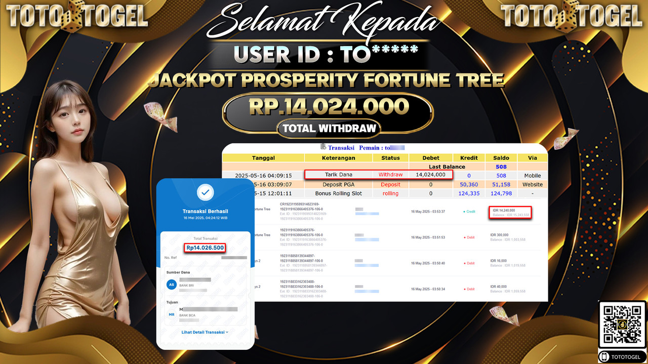 Bukti Pembayaran Jackpot Permainan Slot Prosperity Fortune Tree ID:TO***** LUNAS