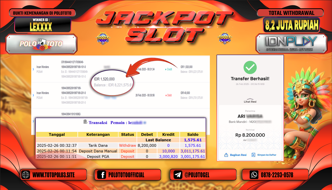 POLOTOTO JACKPOT SLOT INCAN WONDERS Rp.8.200.000,-