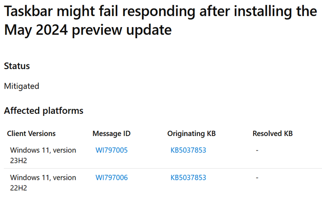 Taskbar might fail responding after installing the May 2024 preview update