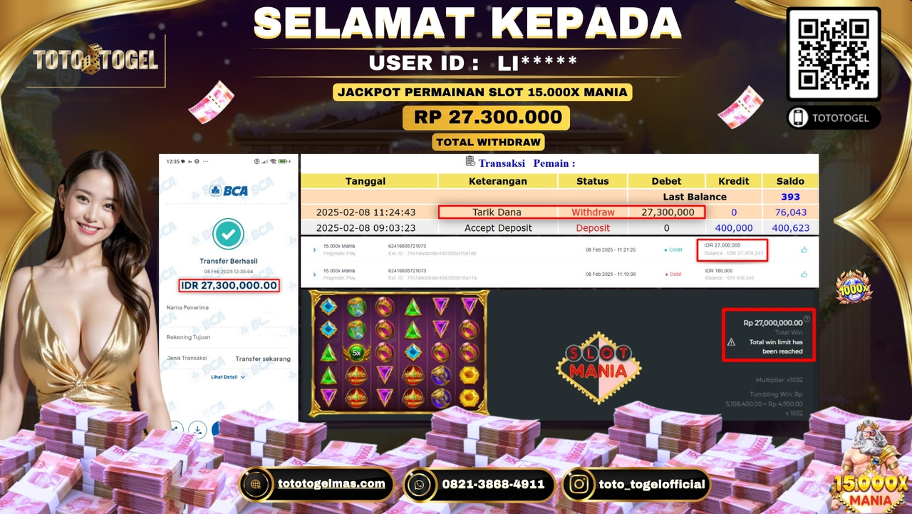 Bukti Pembayaran Jackpot  Permainan Slot 15.000X Mania  ID:LI*****  LUNAS