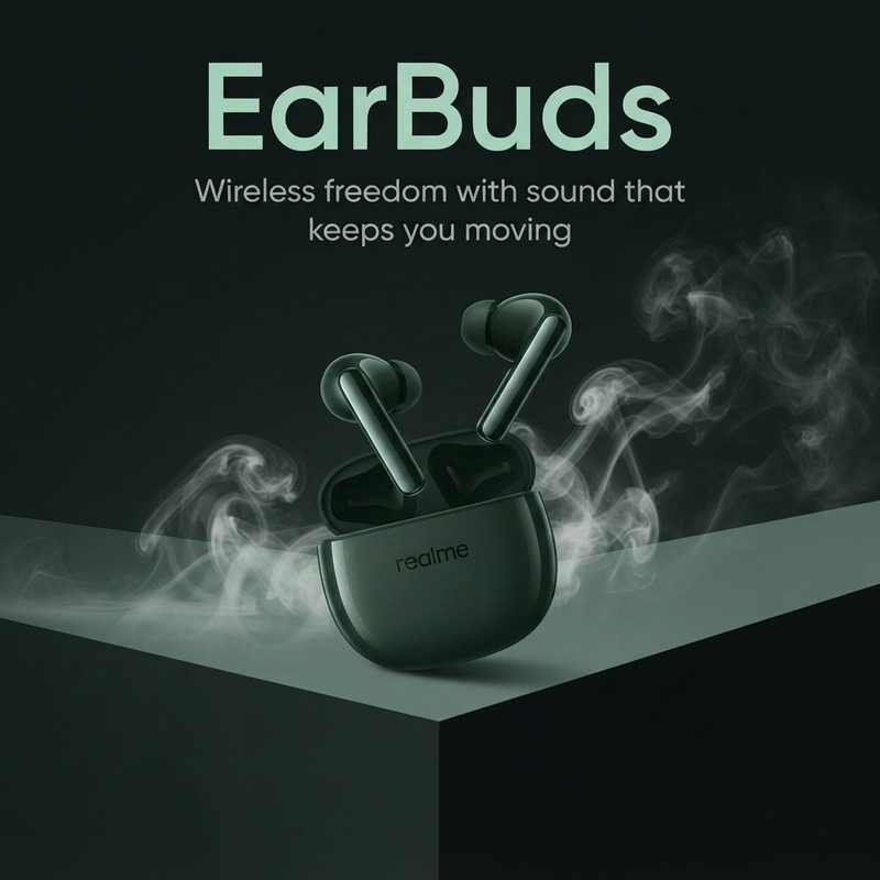 AI-generated example result for the marketing prompt: Dark Forest Green Wireless Earbuds Launch by PromptCraft