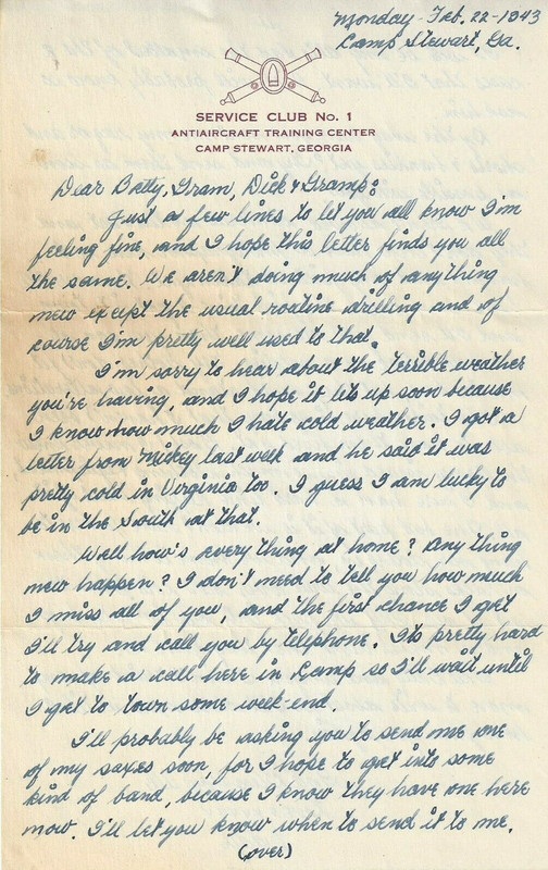 Carta ( Service Club Nº 1 - Antiaircraft Training Center - Camp Stewart, GA ) - 01a ( 1943 )