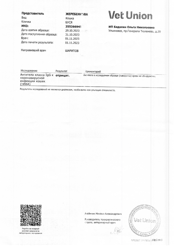 Анализы крови 29.10.2023 коронавирус