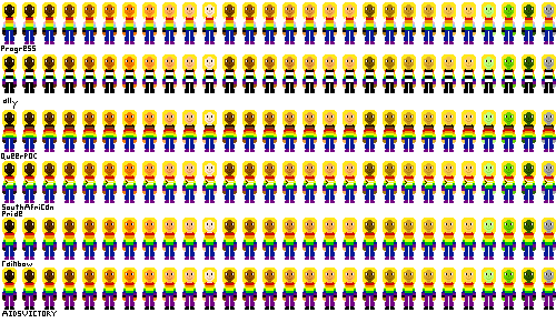 a row of people with pride flag shirts and blond hair