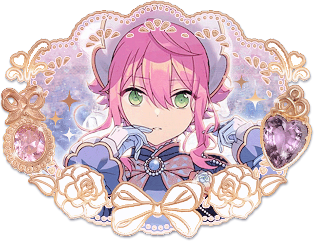 Tori Himemiya graphic with a sparkley blue to pink gradient background and a golden outline. Surrounding tori is a bow, golden roses, pink and purple jewelry, and heart decor.