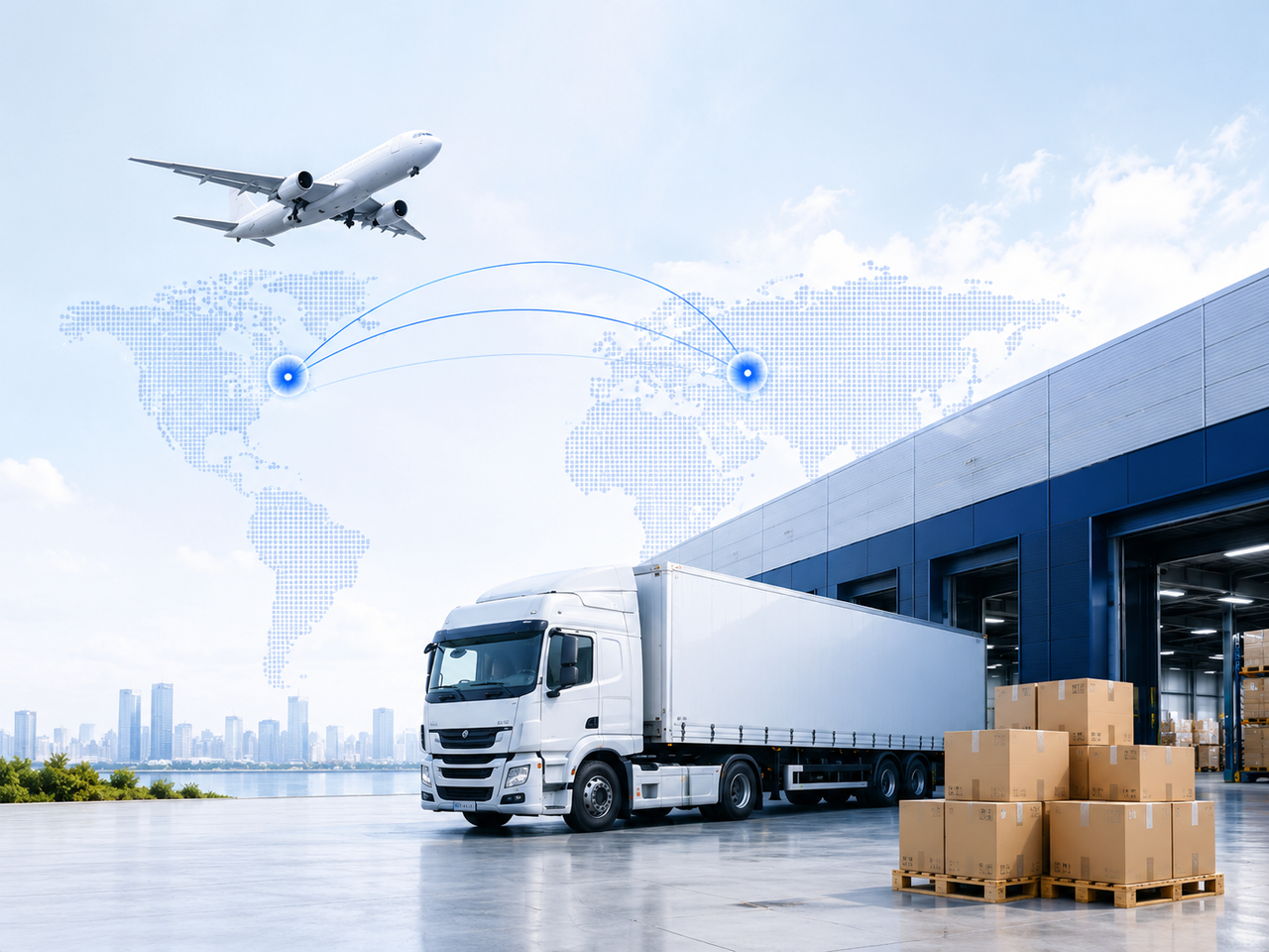 Global logistics visual with air freight, routes and warehouse