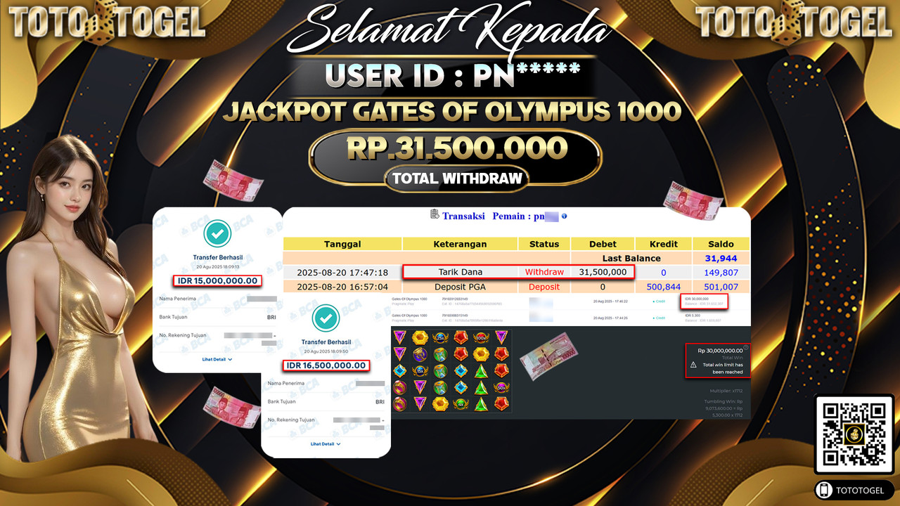Bukti Pembayaran Jackpot Permainan Slot Gates Of Olympus 1000 ID:PN***** LUNAS