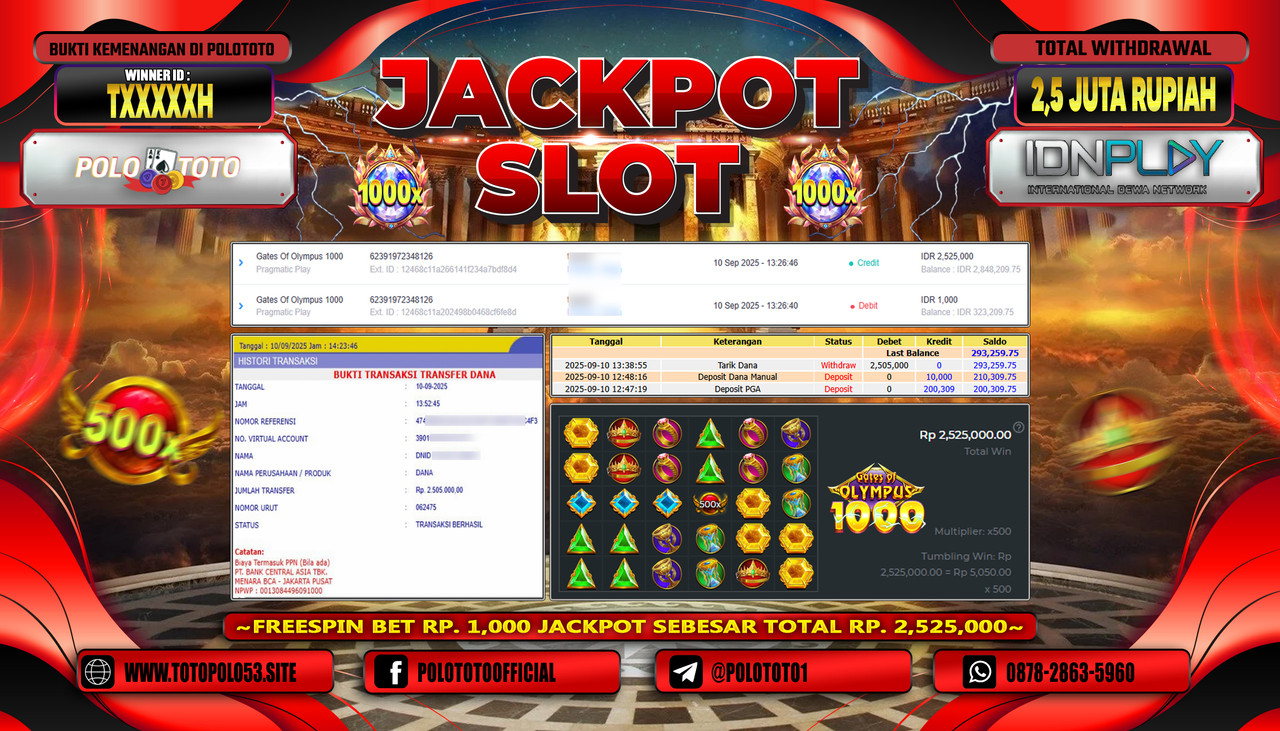 POLOTOTO JACKPOT SLOT GATES OF OLYMPUS 1000 Rp.2.500.000,-LUNAS