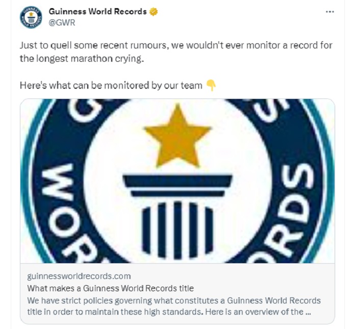 Guinness World Records mengklarifikasi bahwa mereka tidak akan memantau upaya rekor menangis selama 100 jam yang coba dipecahkan oleh Tembu Daniel.