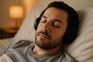 Man lying in bed wearing headphones, bathed in soft lighting, suggesting rest, reflection, or quiet focus.