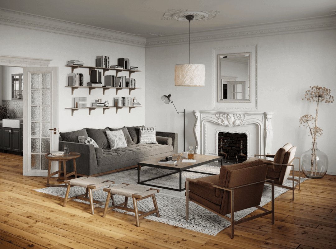 living room with fireplace and chairs