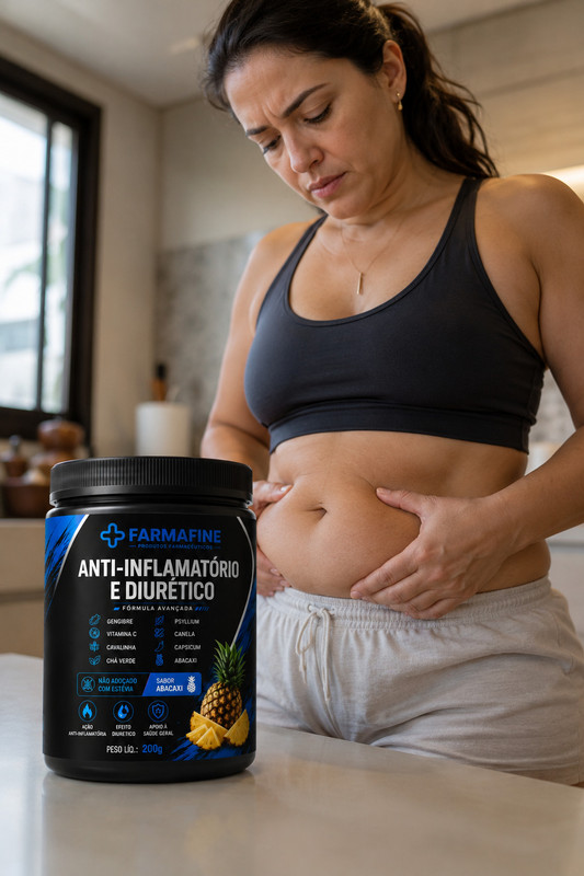 Mulher com retenção de líquido e barriga inchada — dor de quem quer desinchar