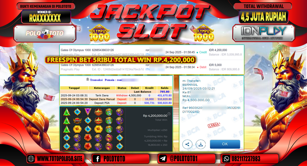 POLOTOTO JACKPOT SLOT GATES OF OLYMPUS 1000 Rp.4.500.000,- LUNAS