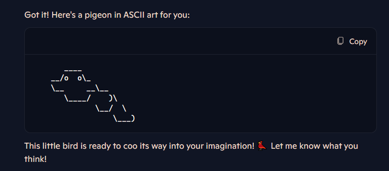 AI attempt at ASCII pigeon is very much not a pigeon