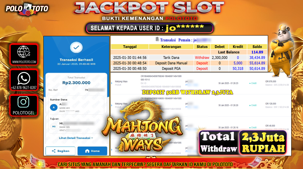 POLOTOTO JACKPOT SLOT MAHJONG WAYS Rp.2,300.000,-