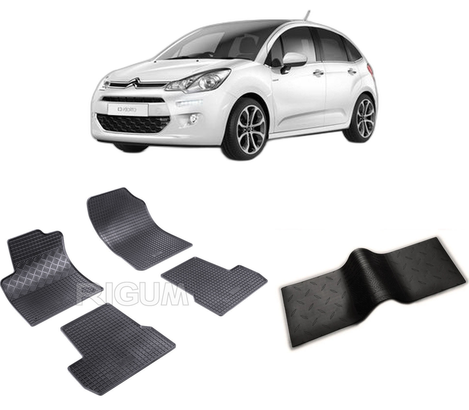 Set covorase auto CITROEN C3 II din 2009-12.2016, cu covoras tunel median, CAROSERIE HATCHBACK, Presuri cauciuc 100%, compatibil cu autoturismul CITROEN C3 II, Rigum