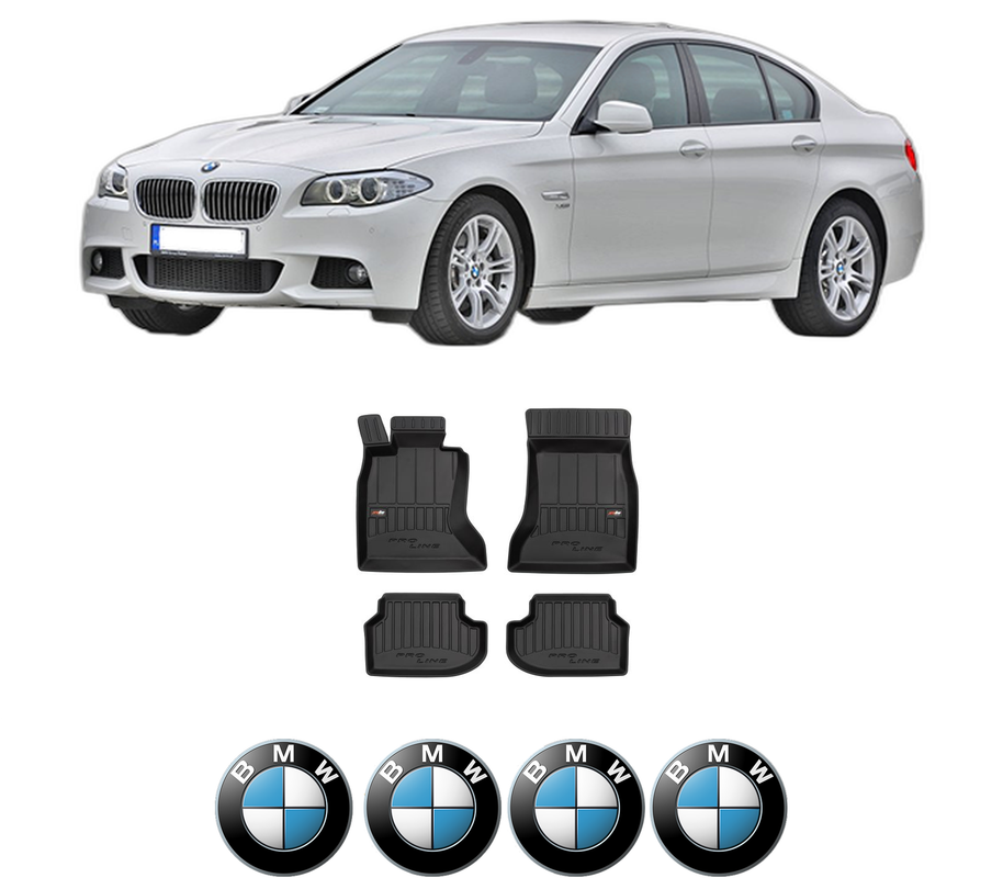 Set covorase presuri BMW Seria 5 (F10) din 2009-2016, auto, din cauciuc thermoplastic, 4 Stickere auto cu BMW Seria