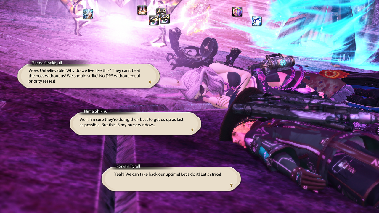 As the fight wages on, the SCH uses Dissipation while the WAR does Primal Rend then three Fell Cleaves. Meanwhile the WHM is using Swiftcast, then another Raise. Text Reads: Zeena Onekiyull: Wow. Unbelievable! Why do we live like this? They can't beat the boss without us! We should strike! No DPS without equal priority resses! Nima Shikhu: Well, I'm sure they're doing their best to get us up as fast as possible. But this IS my burst window... Forwin Tyrell: Yeah! We can take back our uptime! Let's do it! Let's strike!