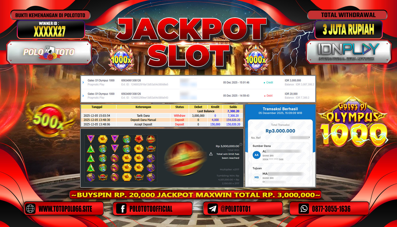 POLOTOTO JACKPOT SLOT GATES OF OLYMPUS 1000 Rp.3.000.000,- LUNAS