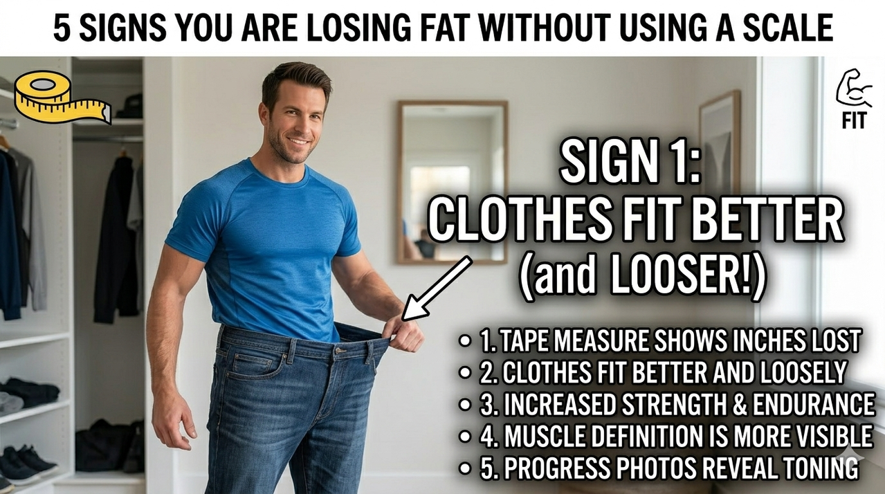 Person pulling looser jeans to show how clothes fit better for 5 signs you are losing fat without using a scale