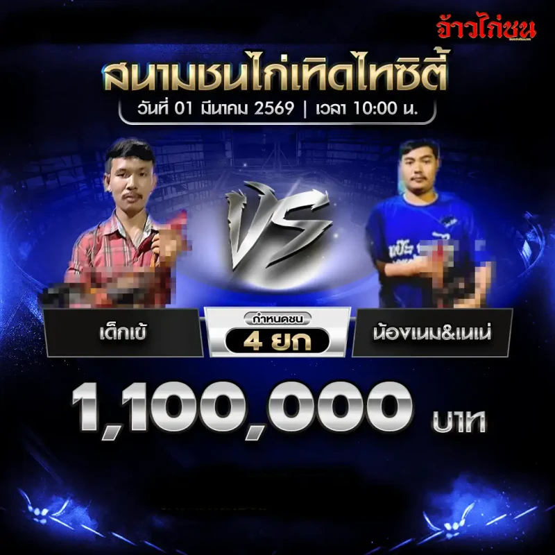โปรแกรมไก่ชน เทิดไทซิตี้ 1 มีนาคม 2569 : เด็กเข้ vs น้องเนม (1,100,000 บาท)